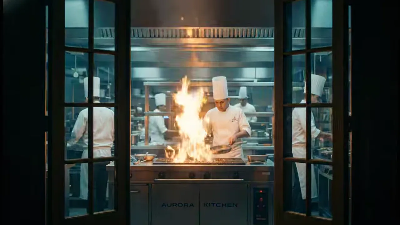 La cocina vista desde el pase, entre dos puertas de cristal, con una llamarada sobre los fogones