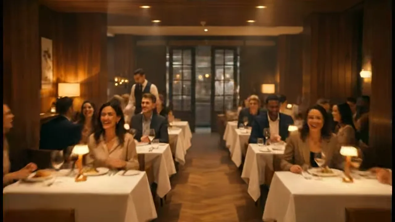 El comedor de Aurora lleno durante la cena, con lámparas de mesa encendidas y paredes de madera
